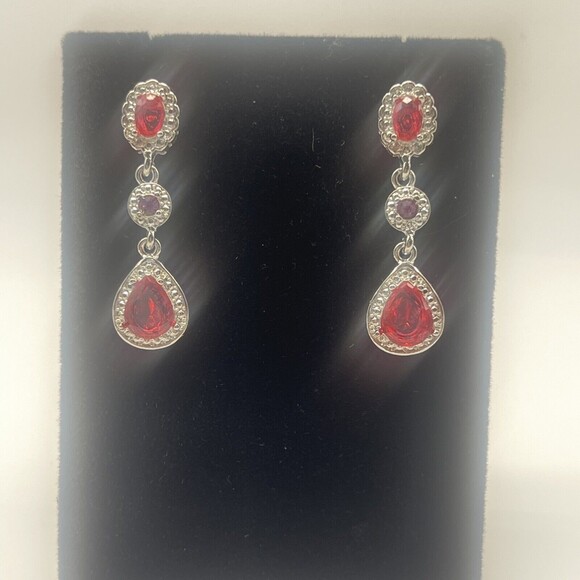 Teardrop Triple Drop Silver Tone & Pink Fuchsia Glass Statement Earrings New - Picture 4 of 6